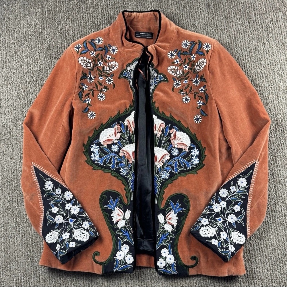 Zara Velour Embroidered Floral Jacket